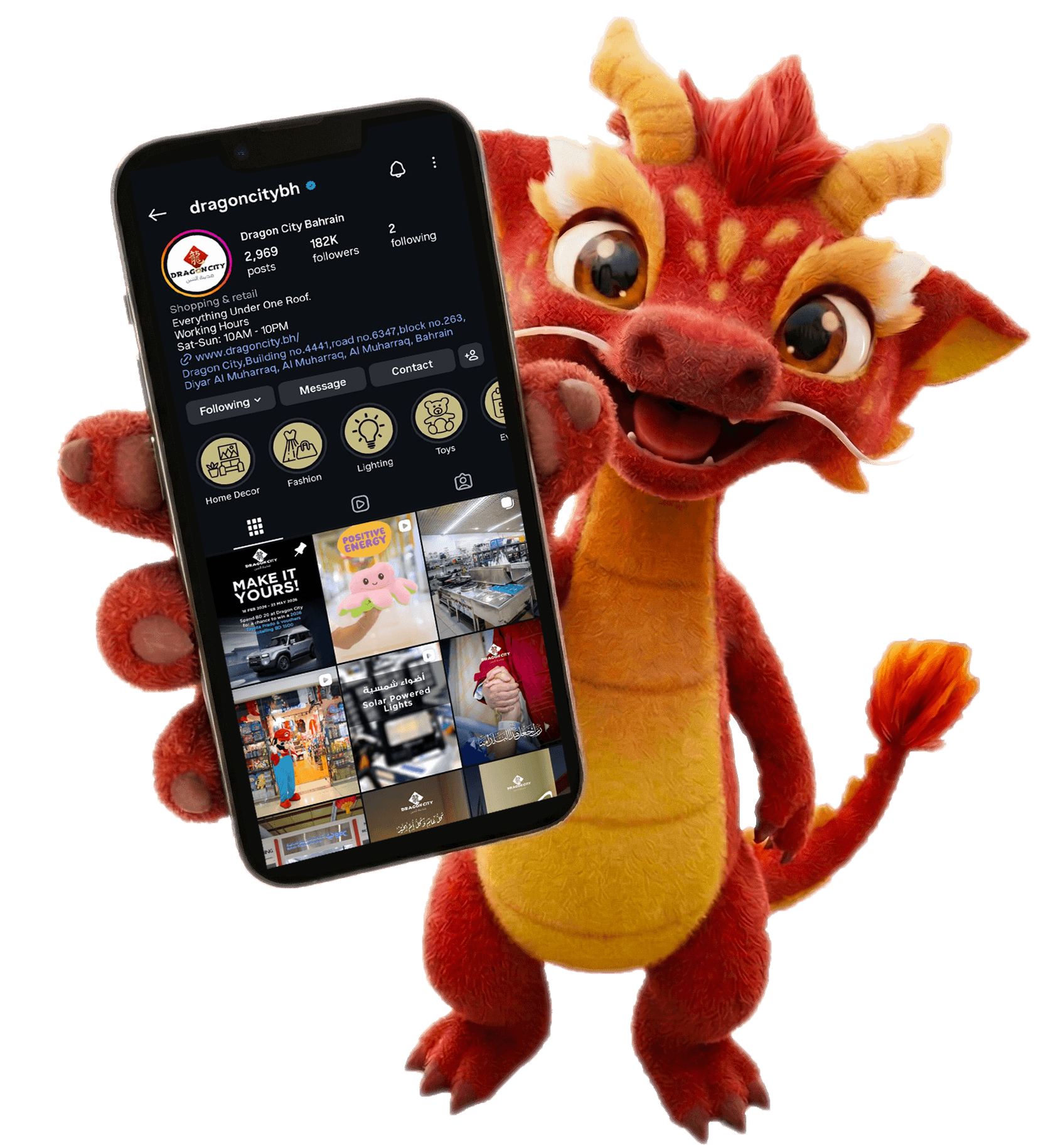 DiDi holding a phone showing Dragon City's Instagram feed